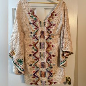 Judith March Embroidered Boho Tunic Dress | Crochet Lace Detail M